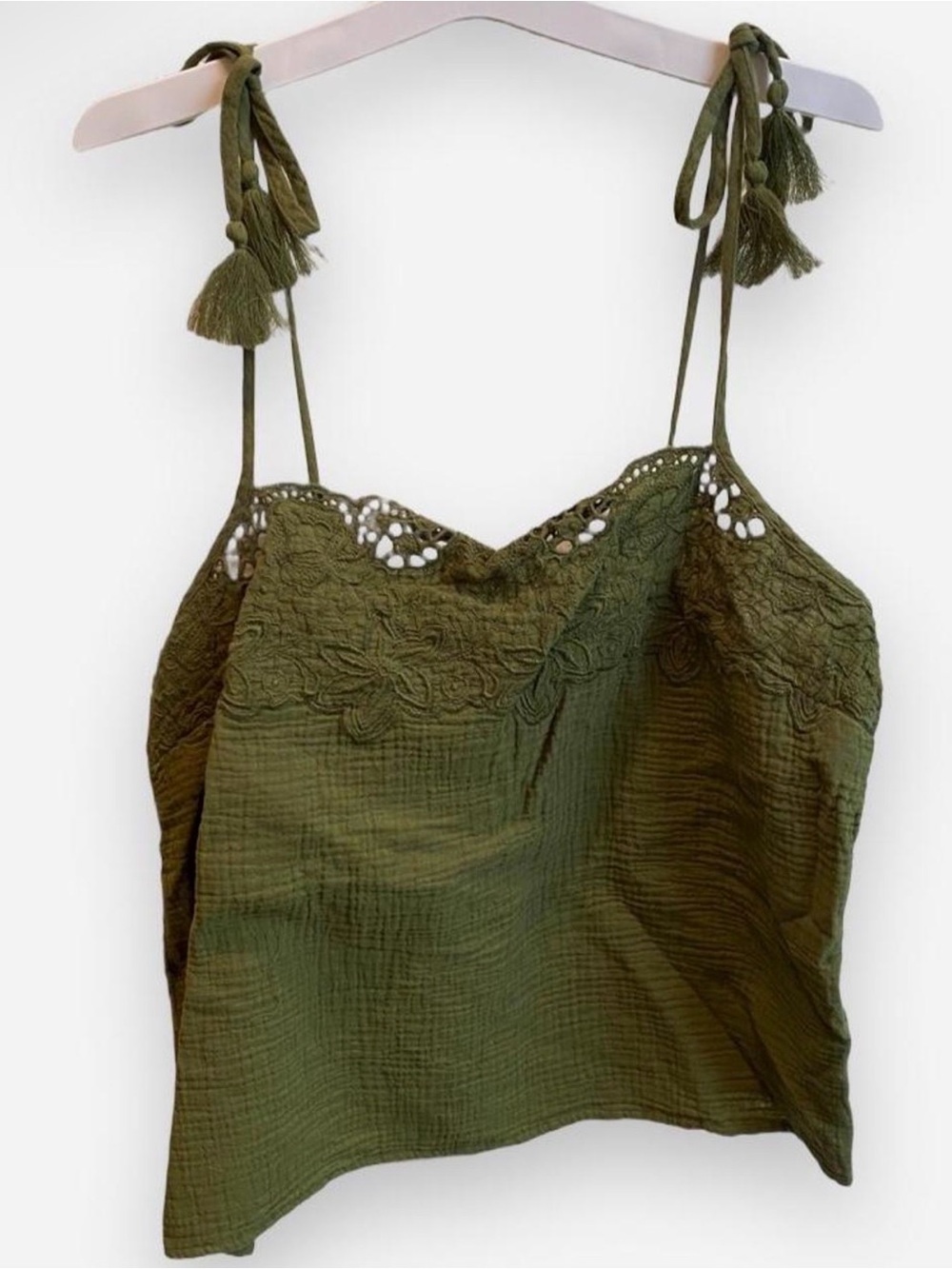 Olive Green Lace-Detail Tassle-Strap Women's Tank Top